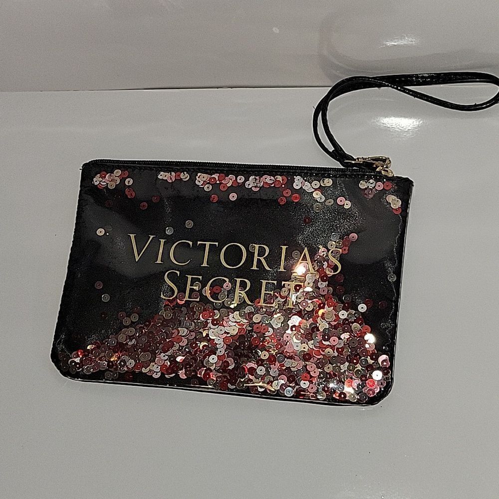 Victoria's Secret Zippered Sequin Bling Confetti Wristlet Make-up Bag Black